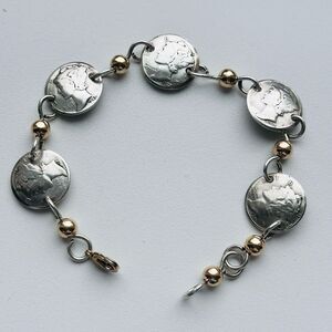 VTG Link Bracelet Size 8 US Mercury Dime 900 Coin Silver Yellow Gold Beads 17.7g